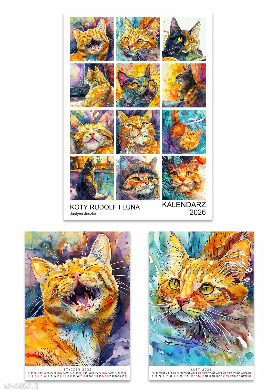 Kalendarz 2026 Koty Rudolf i Luna 15x21 cm - 12 luźnych grafik
