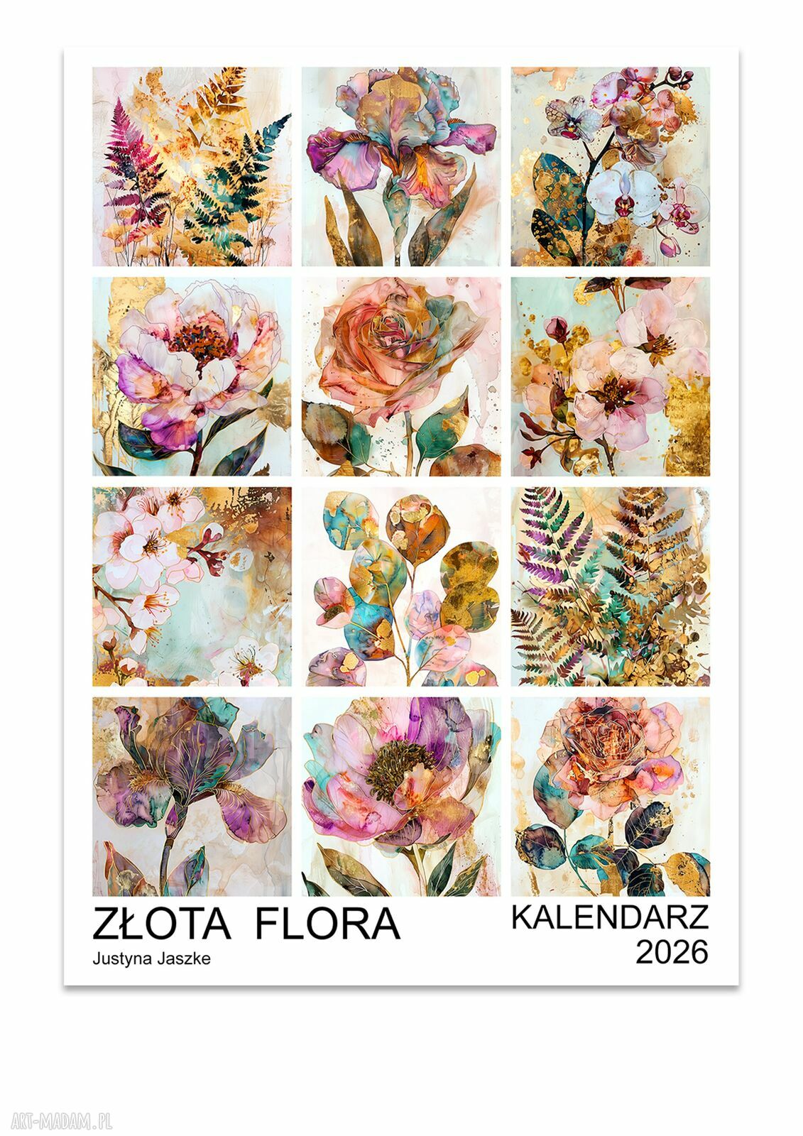 Kalendarz 2026 Złota Flora 15x21 cm - autorski prezent na Nowy Rok z roślinną grafiką