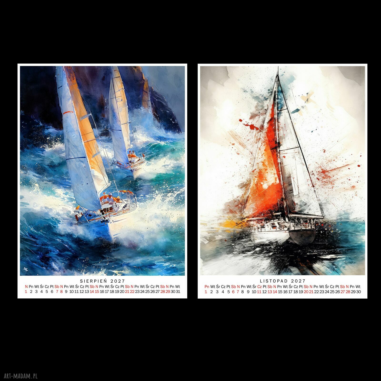 Kalendarz 2027 Żaglówki 15x21 cm z artystycznymi grafikami