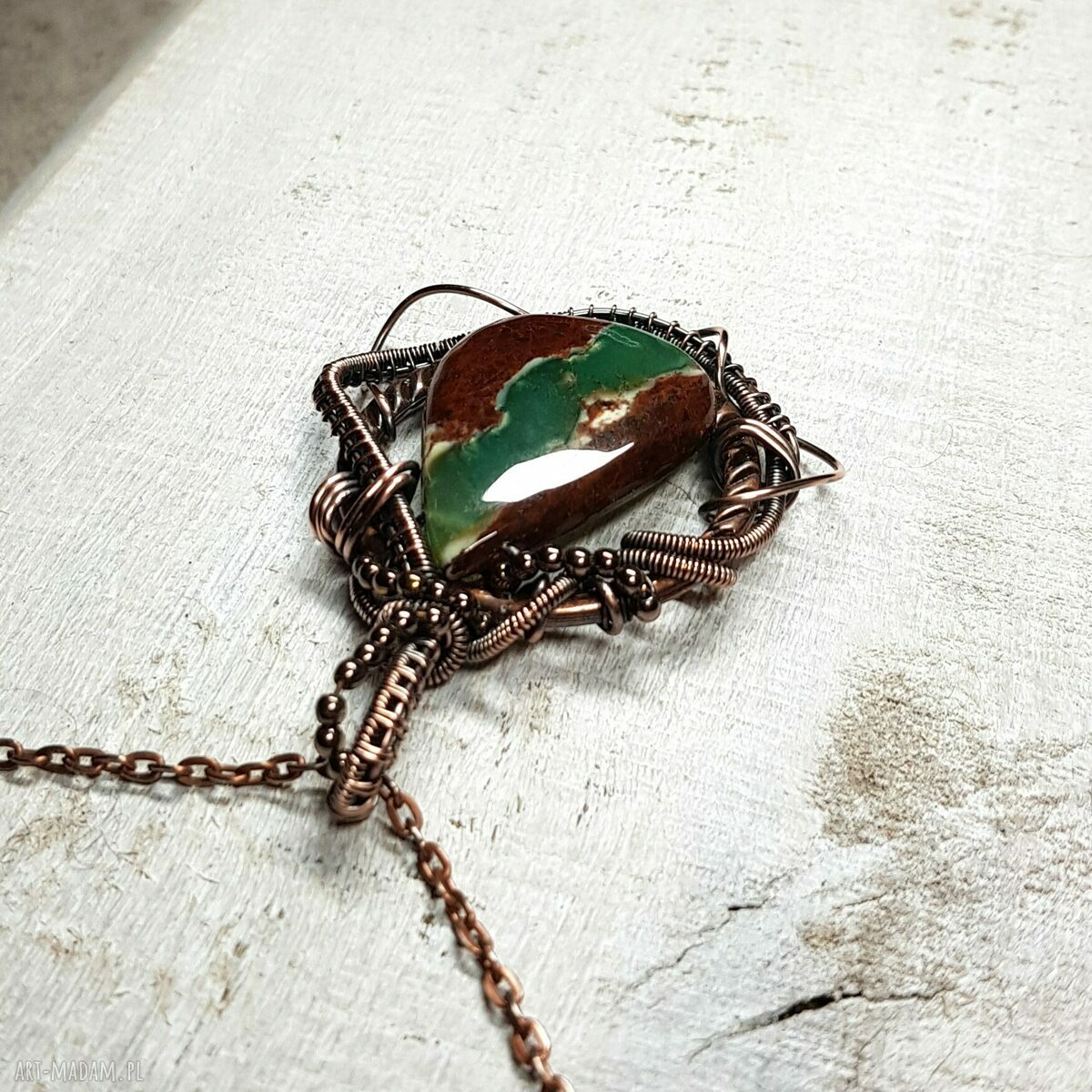 Chryzopraz - kamień szczęścia m217 - miedziany naszyjnik wire wrapping