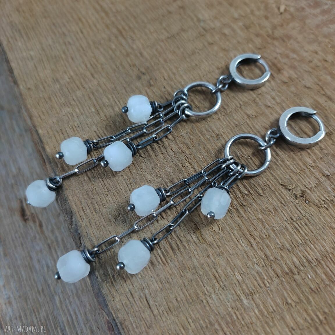 Kolczyki z kamieniem księżycowym w srebrze 925 - oksydowane i wypolerowane (ok. 8 cm)