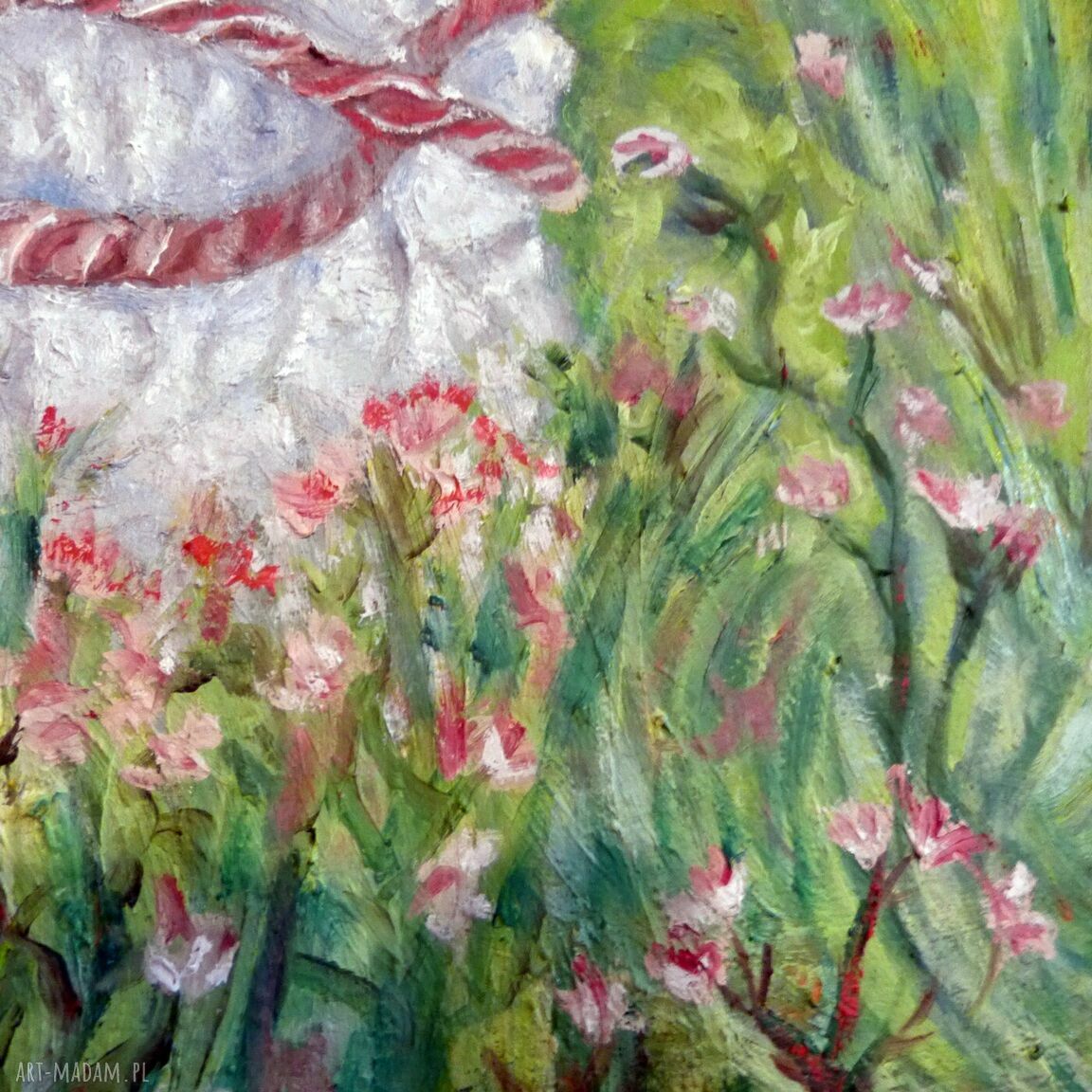 Kamień i sznur - obraz olejny 50x55 cm: zielony pejzaż z symbolicznym białym kamieniem