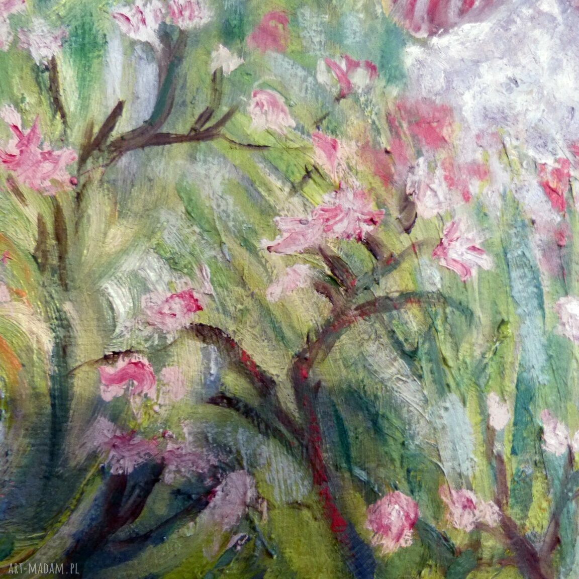 Kamień i sznur - obraz olejny 50x55 cm: zielony pejzaż z symbolicznym białym kamieniem