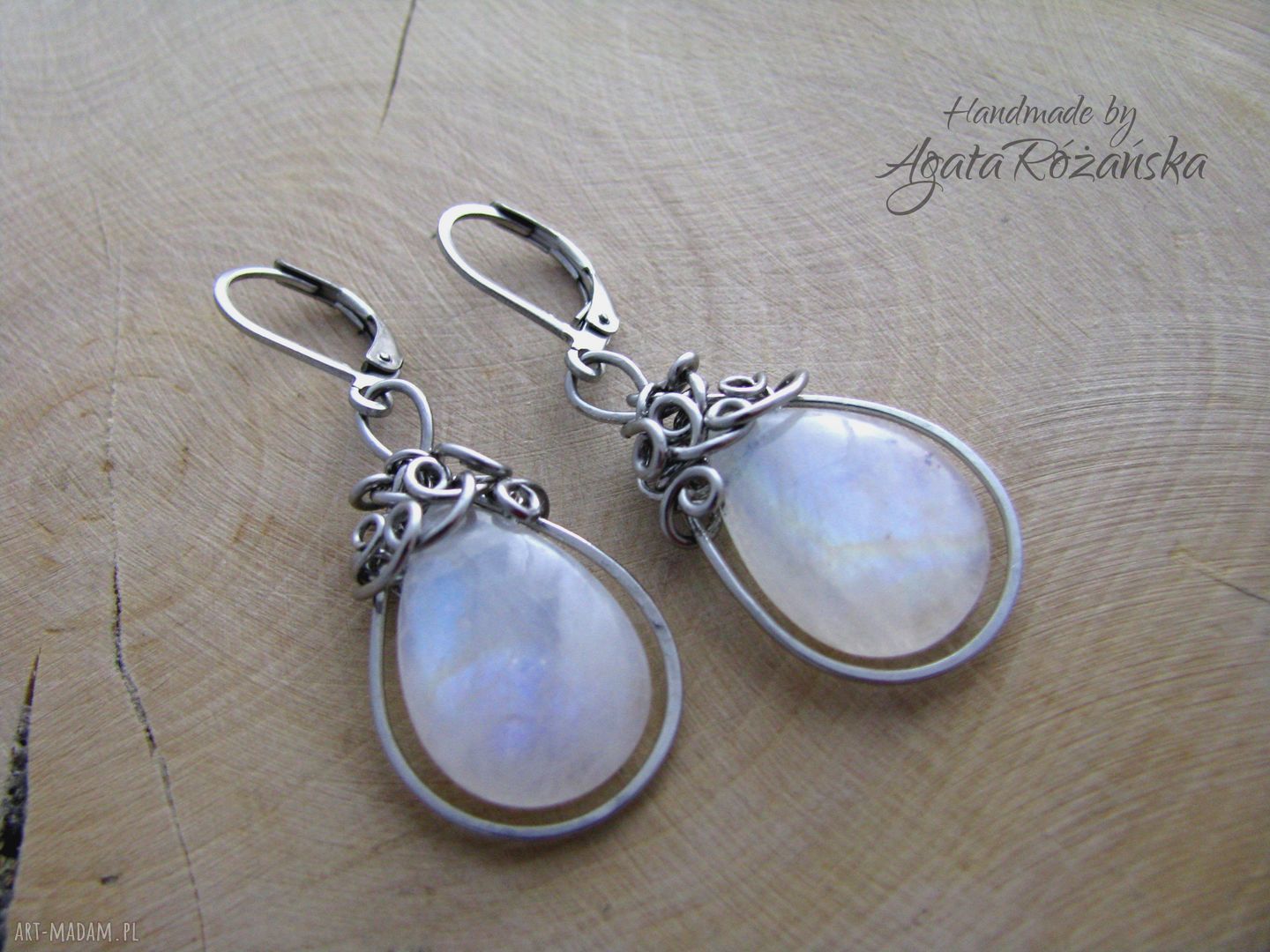 Kolczyki kamień księżycowy - wire wrapping ze stali chirurgicznej