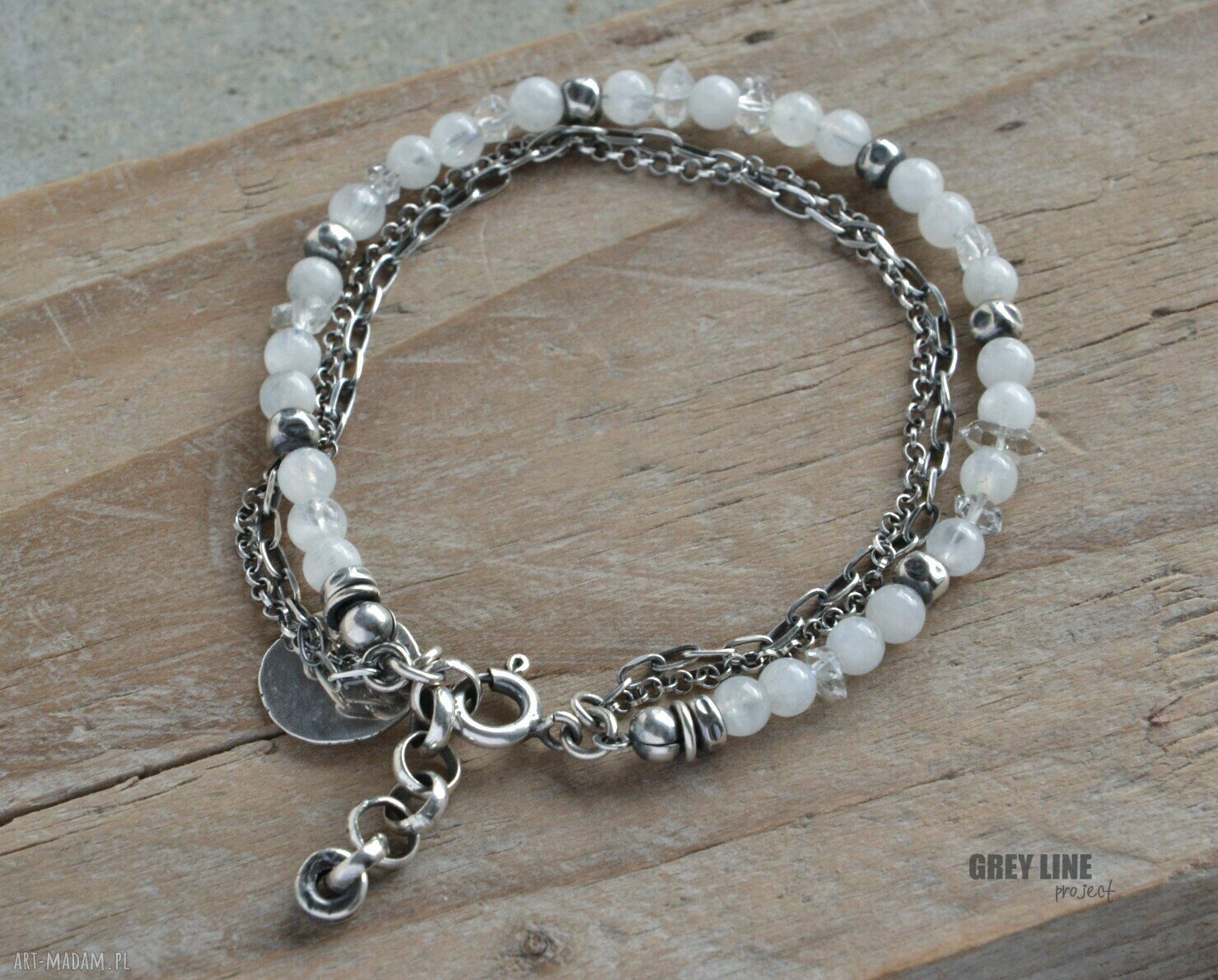 Kamień księżycowy z diamentem z Herkimer II - bransoletka srebro 925 handmade