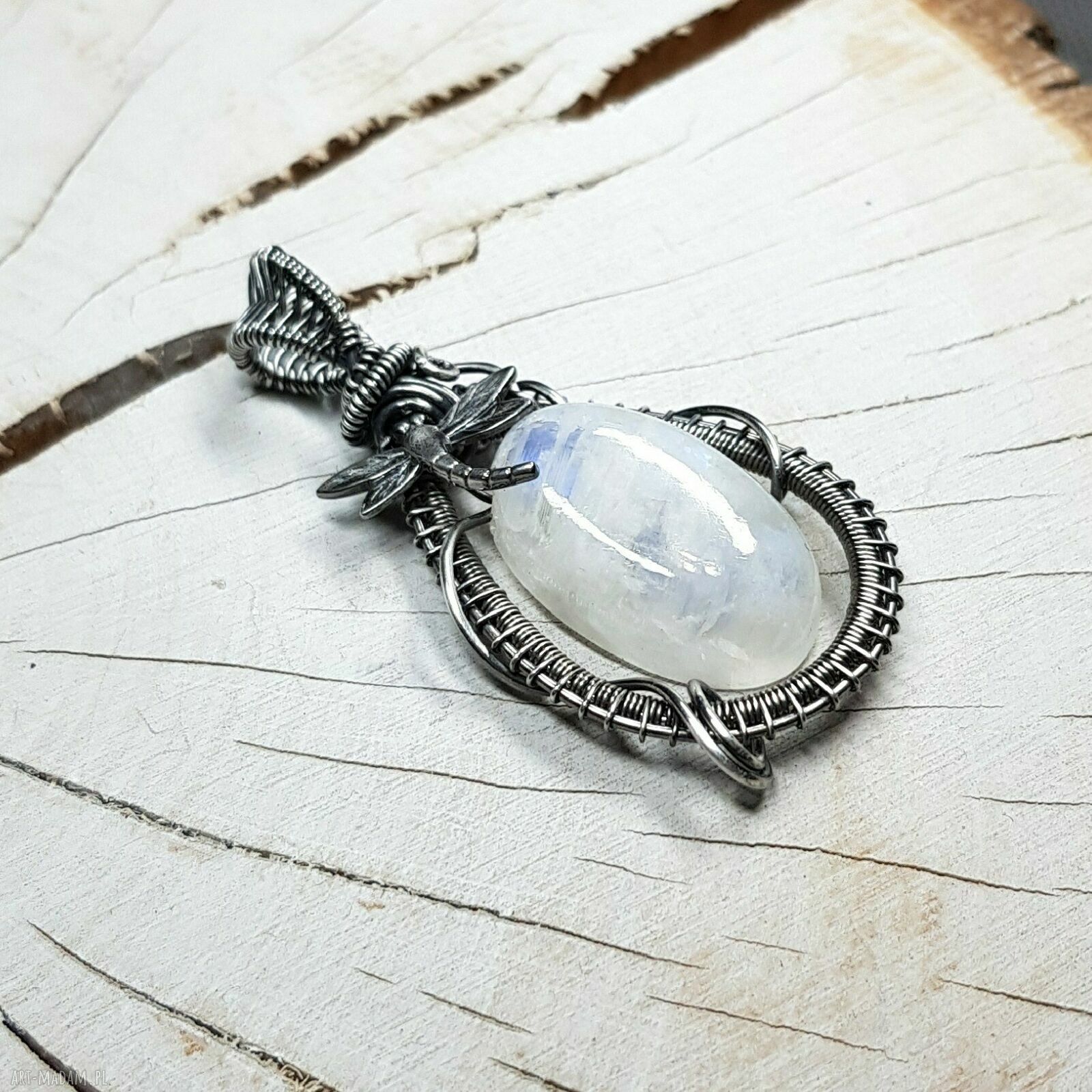 Kamień księżycowy wisiorek - srebro 999 oksydowane, wire wrapping