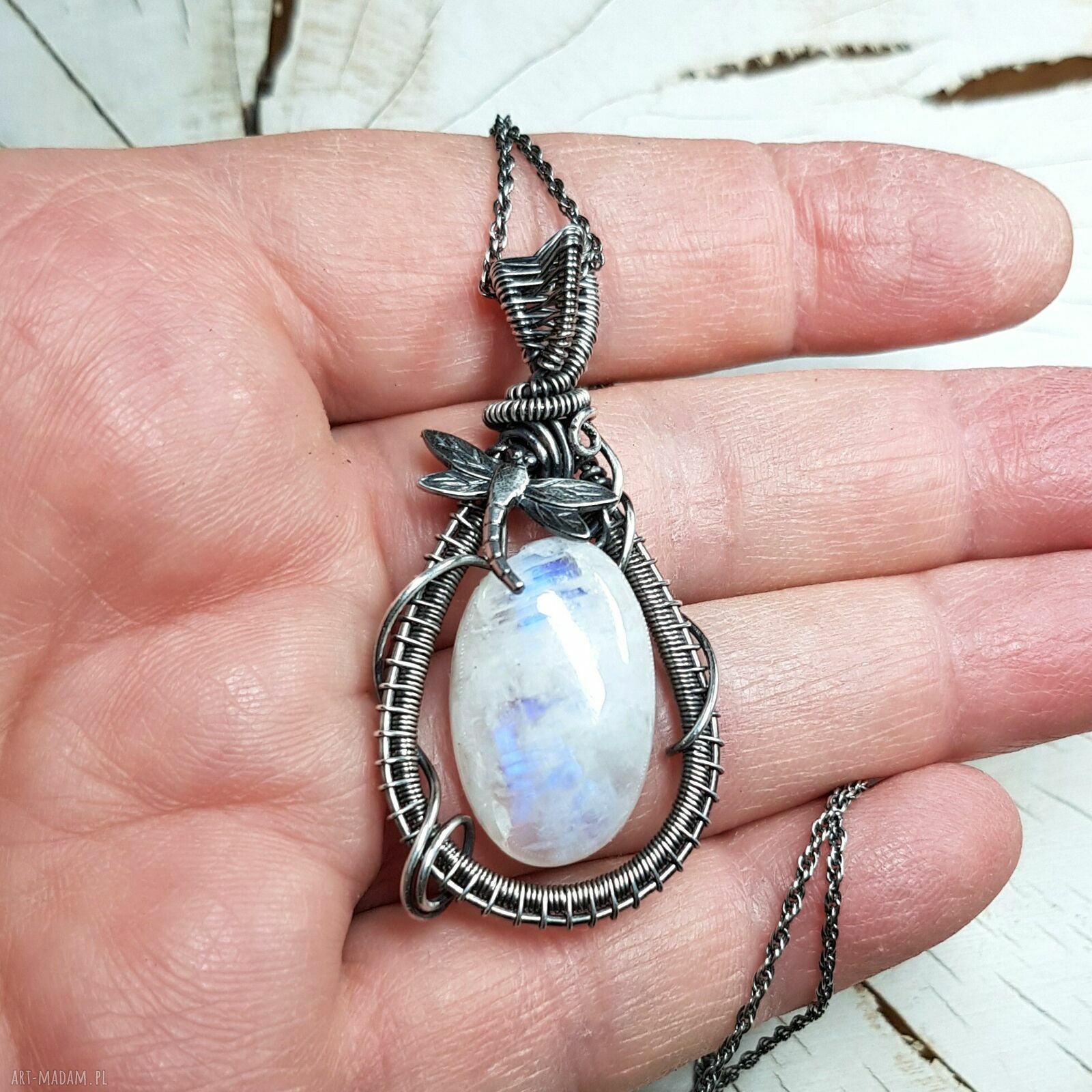 Kamień księżycowy wisiorek - srebro 999 oksydowane, wire wrapping