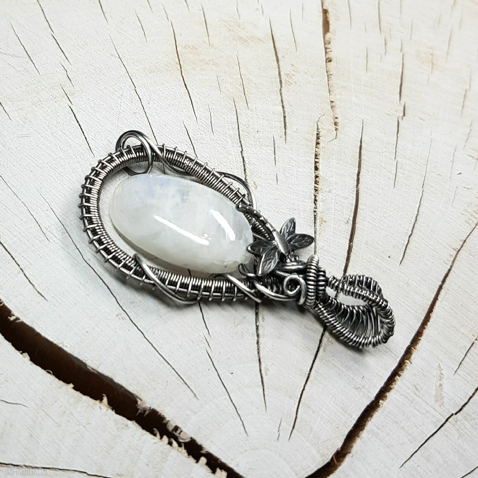 Kamień księżycowy wisiorek - srebro 999 oksydowane, wire wrapping