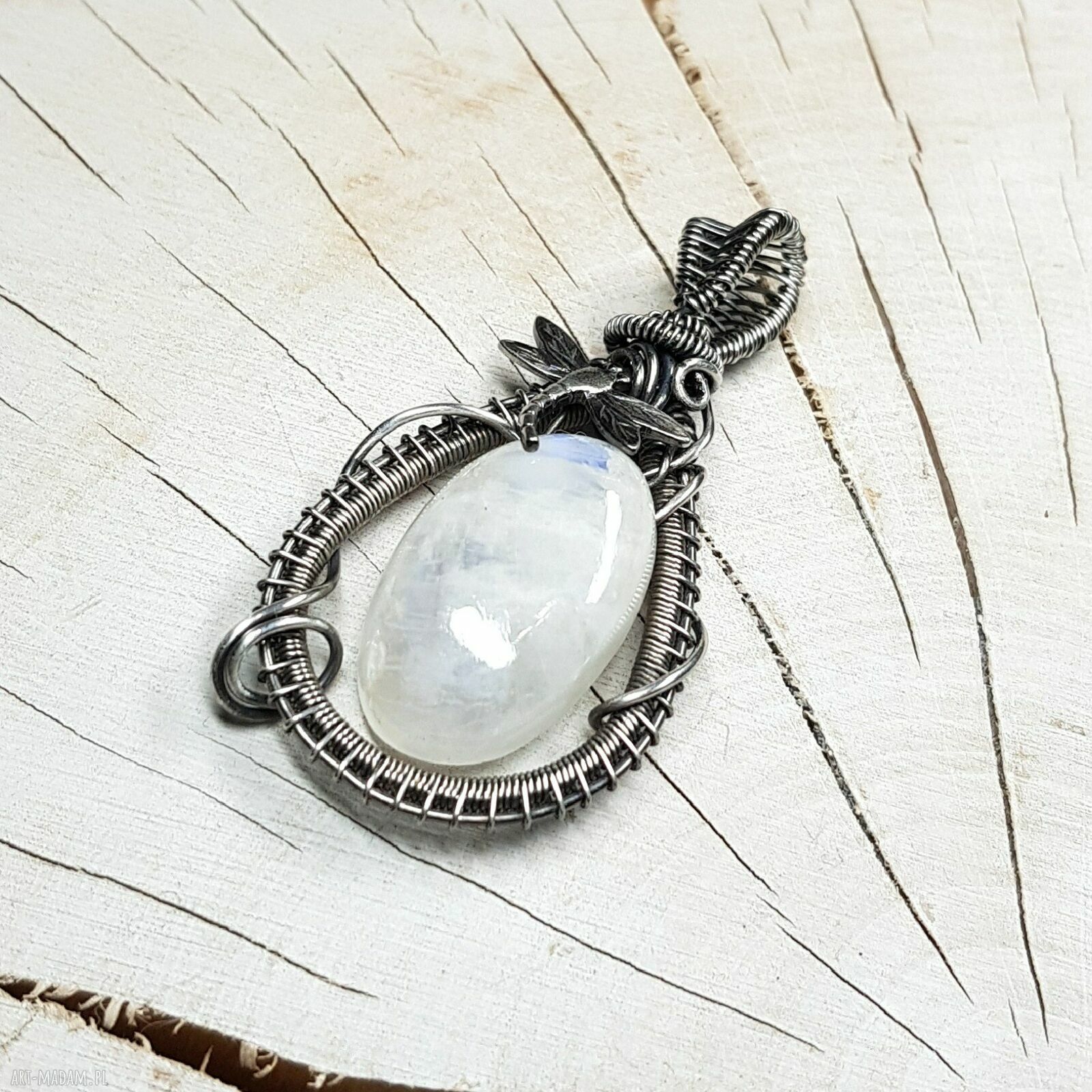 Kamień księżycowy wisiorek - srebro 999 oksydowane, wire wrapping
