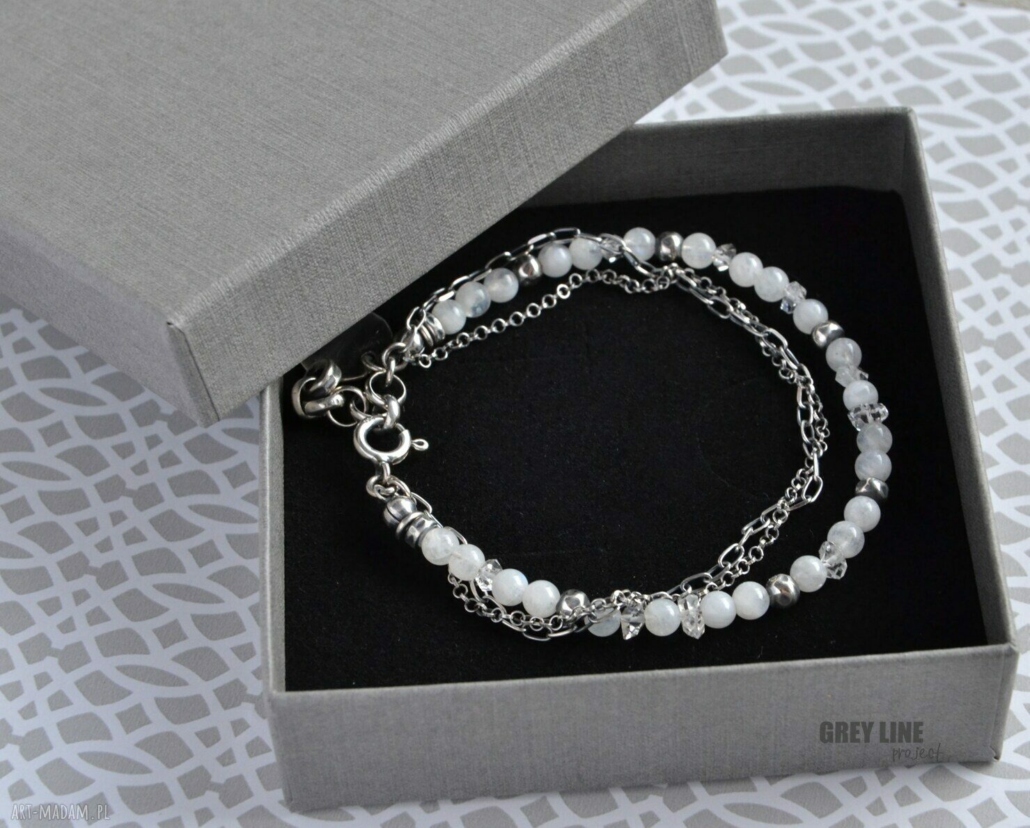 Kamień księżycowy z diamentem z Herkimer II - bransoletka srebro 925 handmade