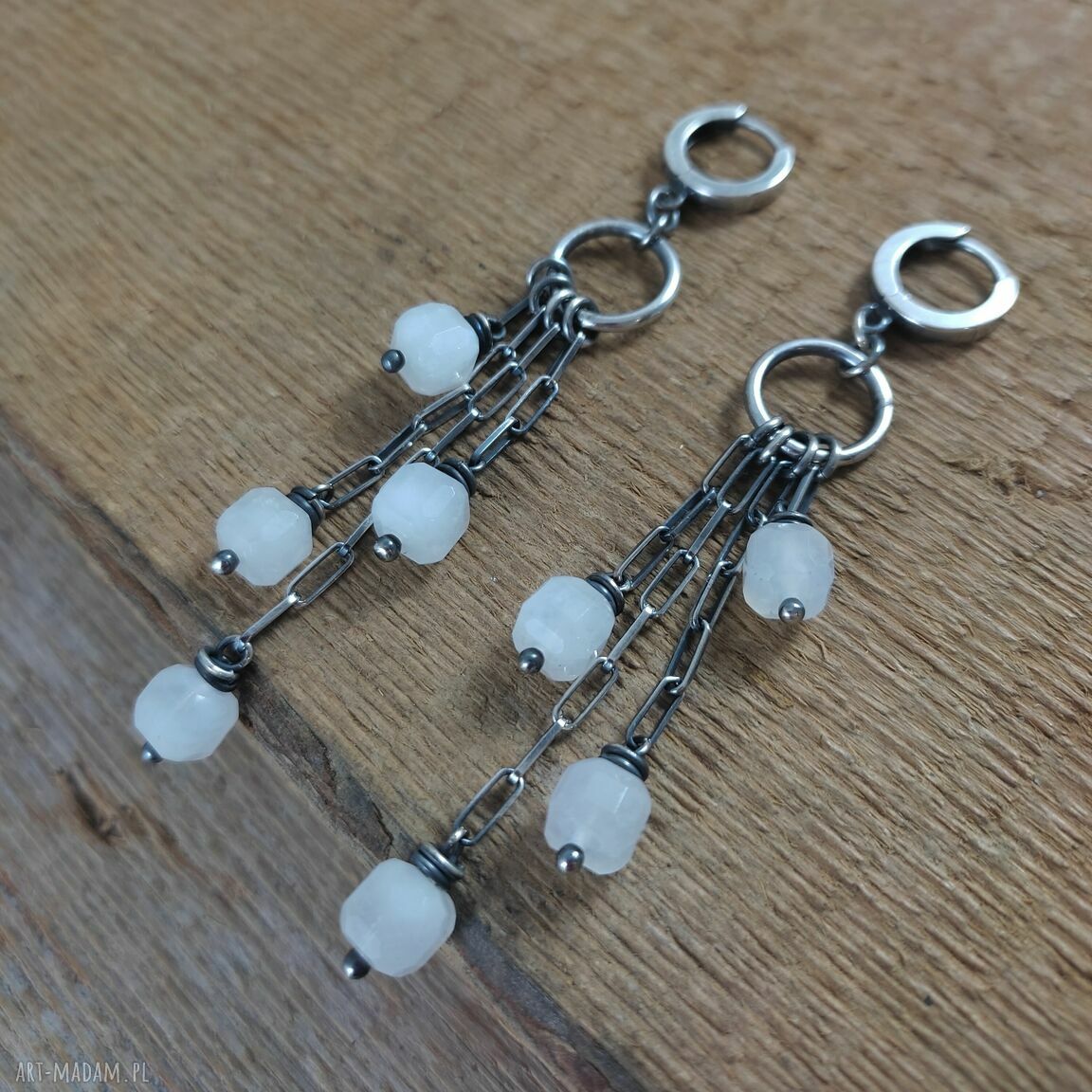 Kolczyki z kamieniem księżycowym w srebrze 925 - oksydowane i wypolerowane (ok. 8 cm)