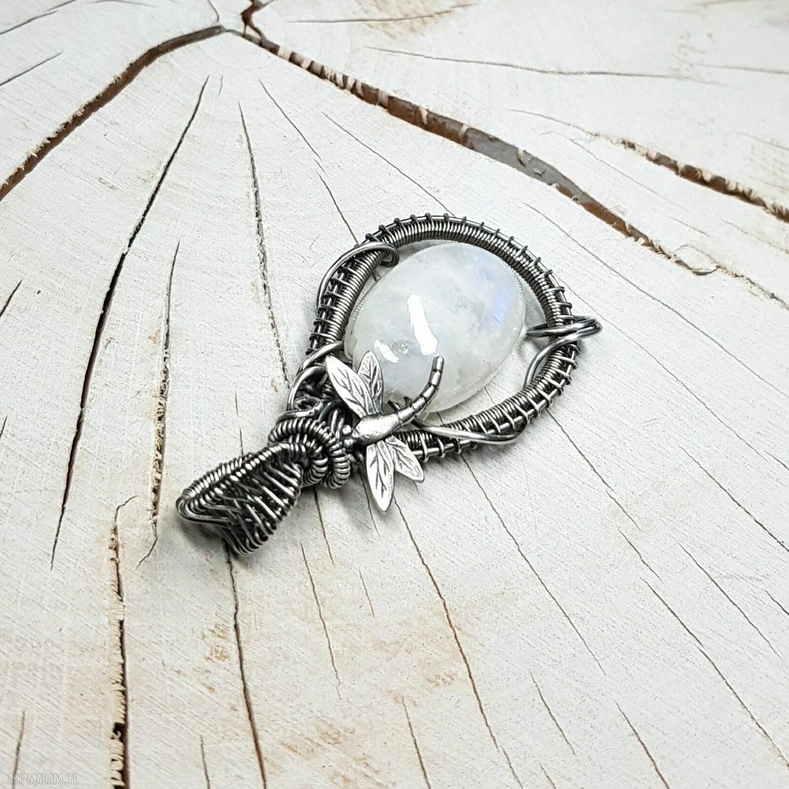 Kamień księżycowy wisiorek - srebro 999 oksydowane, wire wrapping