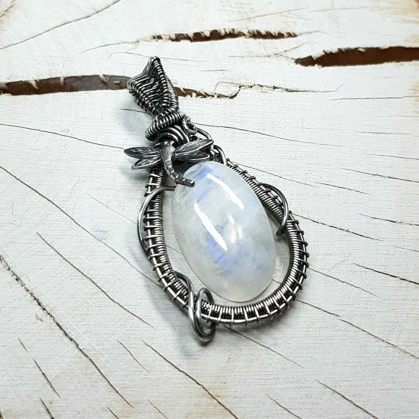 Kamień księżycowy wisiorek - srebro 999 oksydowane, wire wrapping