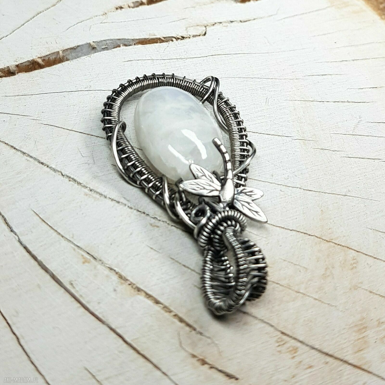 Kamień księżycowy wisiorek - srebro 999 oksydowane, wire wrapping