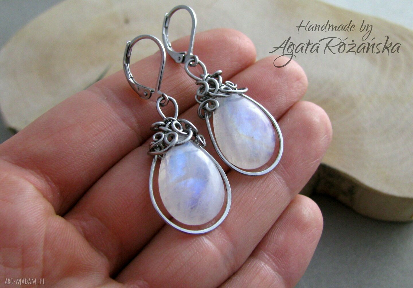 Kolczyki kamień księżycowy - wire wrapping ze stali chirurgicznej