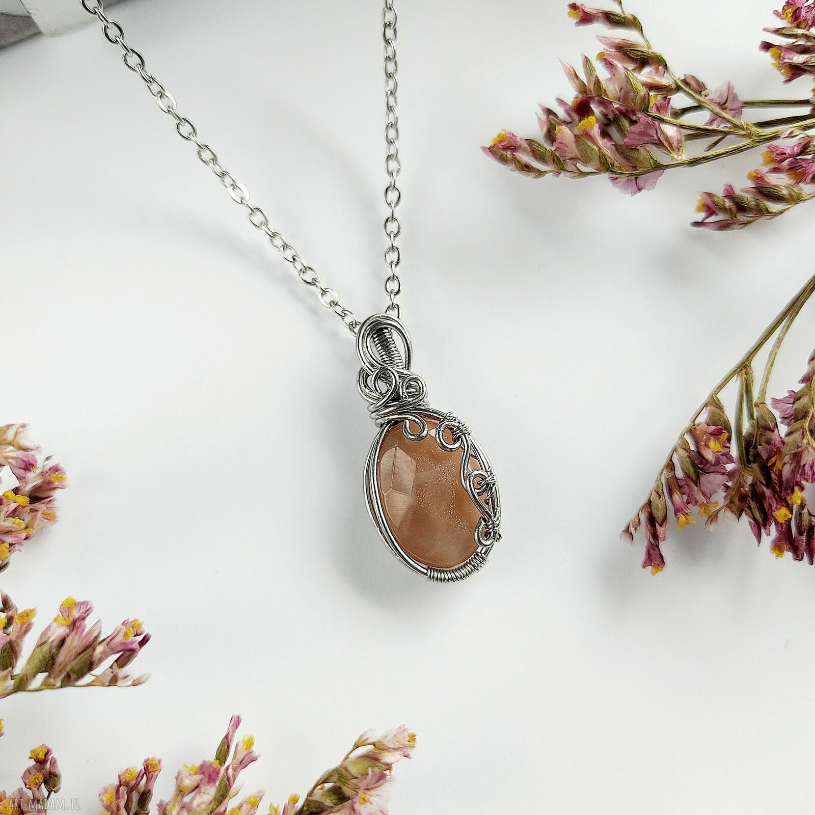Naszyjnik Kamień Słoneczny - stal chirurgiczna wisiorek (wire wrapping)