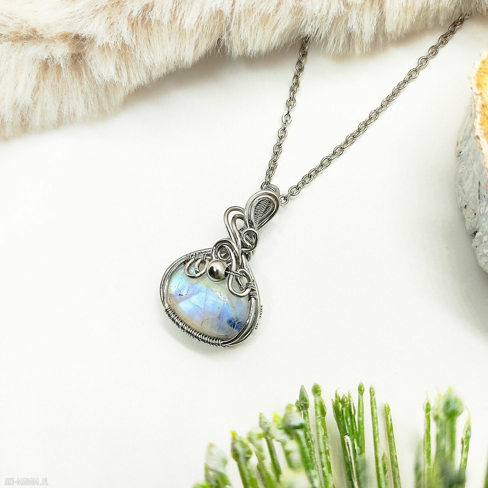 Naszyjnik z kamieniem księżycowym - stal chirurgiczna i wire wrapping