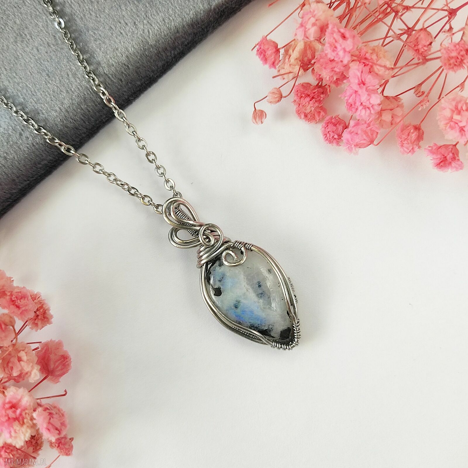 Naszyjnik z kamieniem księżycowym na stali chirurgicznej - handmade wire wrapping