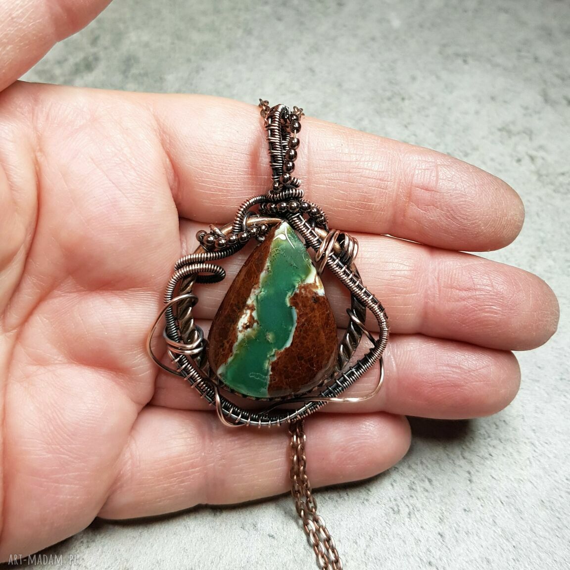 Chryzopraz - kamień szczęścia m217 - miedziany naszyjnik wire wrapping