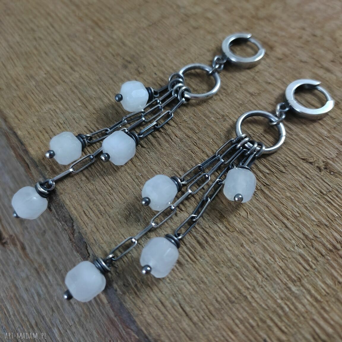 Kolczyki z kamieniem księżycowym w srebrze 925 - oksydowane i wypolerowane (ok. 8 cm)