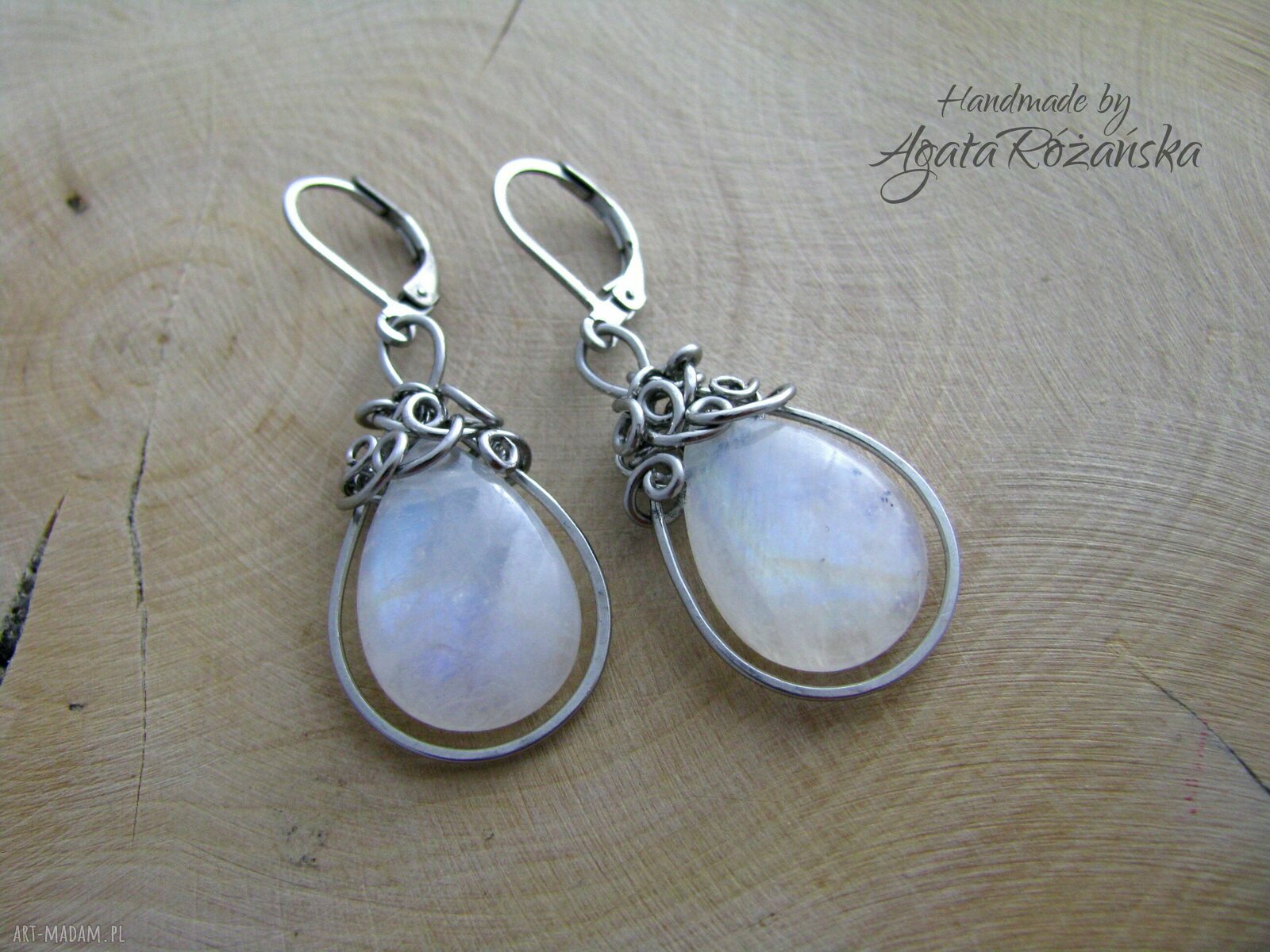 Kolczyki kamień księżycowy - wire wrapping ze stali chirurgicznej