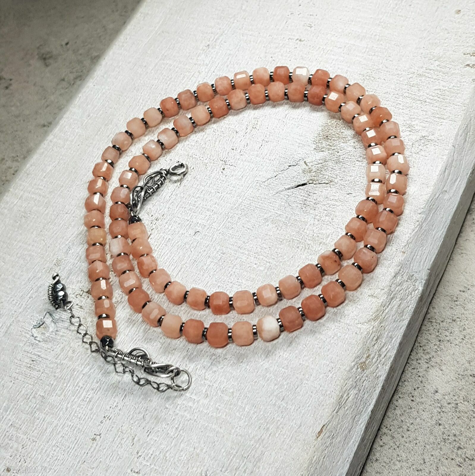 Korale z kamienia słonecznego (kors37) - wire wrapping i srebro 925