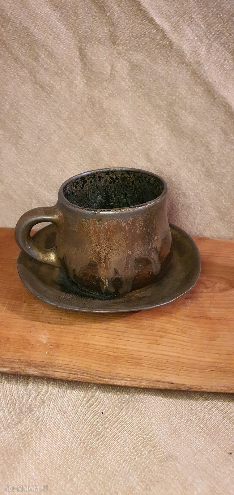 Ręcznie robiony kamionkowy kubeczek ze spodkiem 200 ml