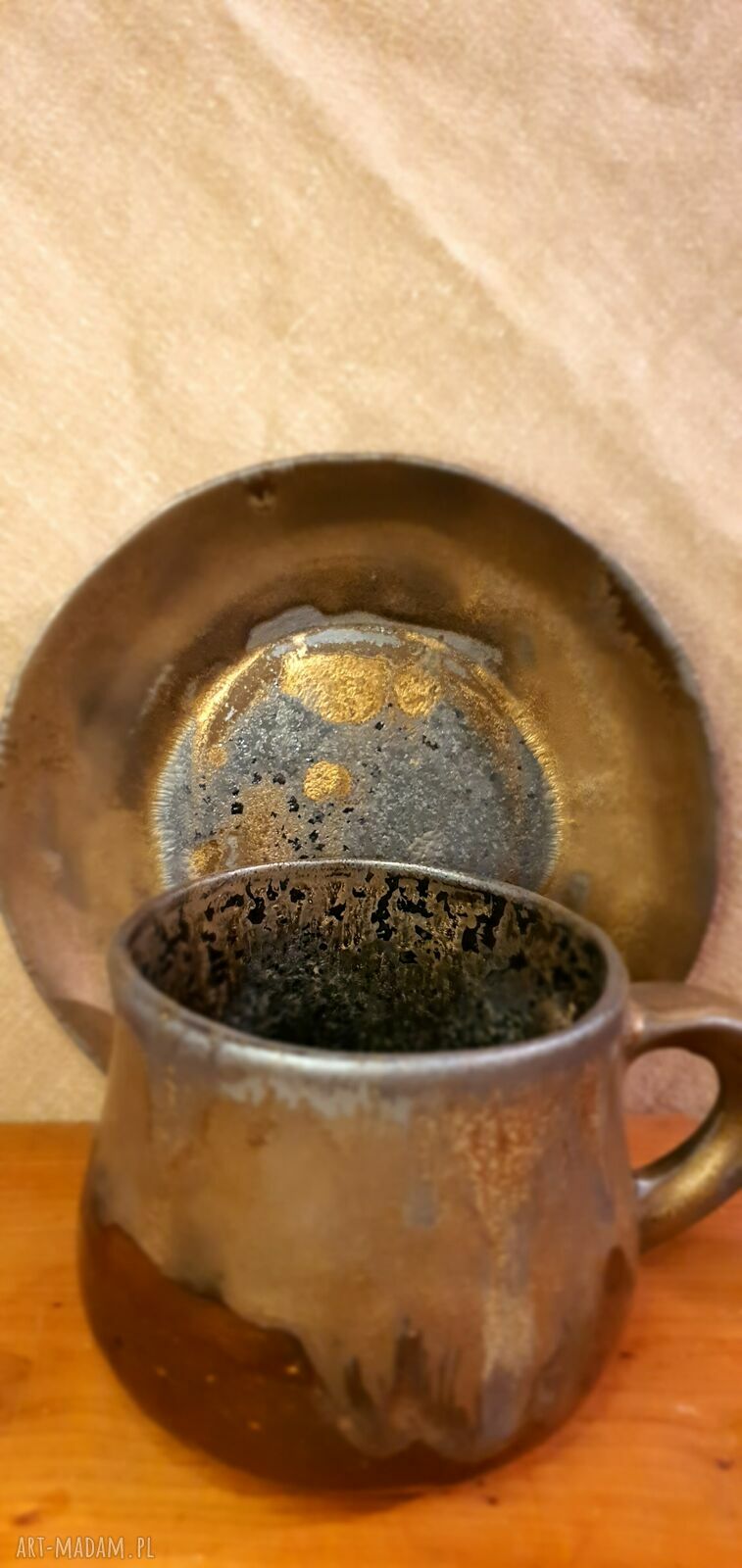 Ręcznie robiony kamionkowy kubeczek ze spodkiem 200 ml