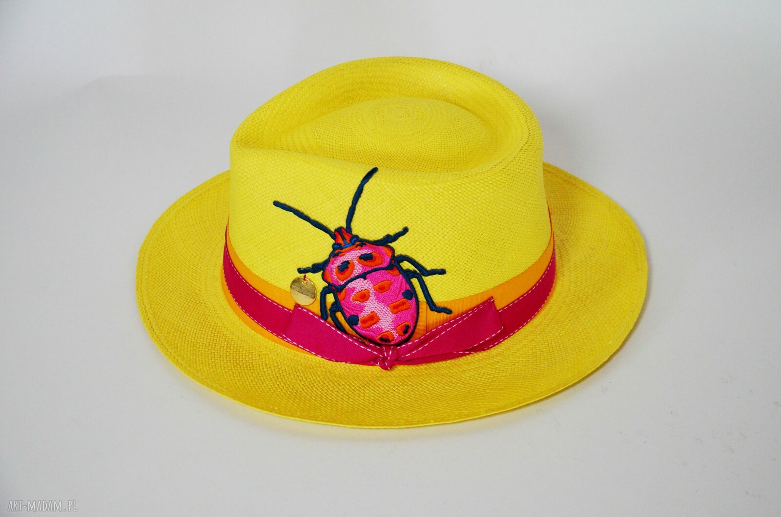 Żółty kapelusz panamski typu fedora - ręcznie zdobiony