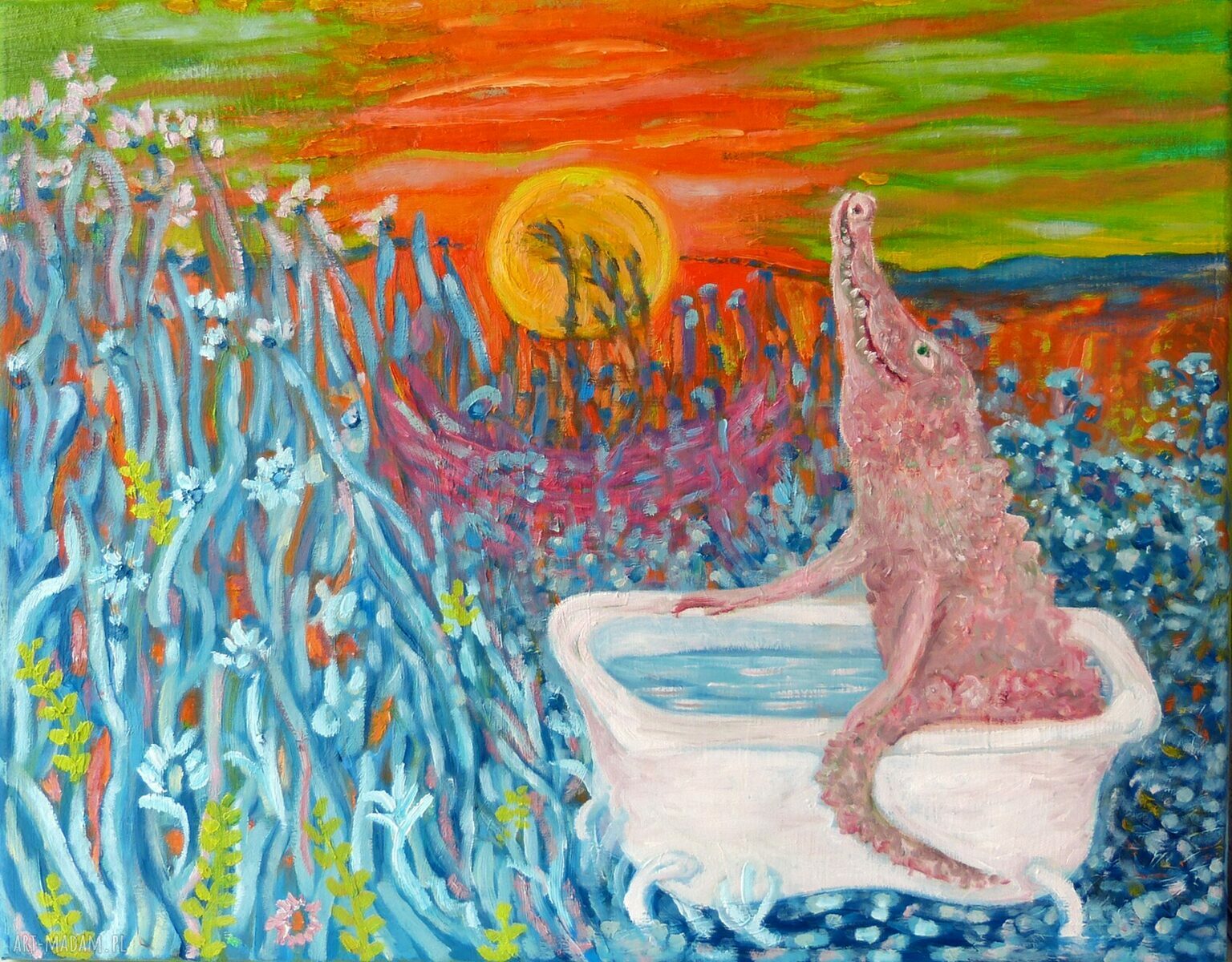 Kąpiel słoneczna - obraz olejny 40x50 cm (krokodyl, zachód słońca, pistacjowe boki)