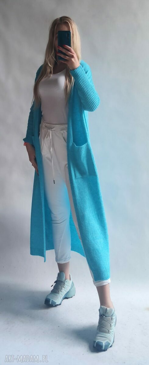 Turkusowy długi kardigan z kapturem i kieszeniami - handmade oversize