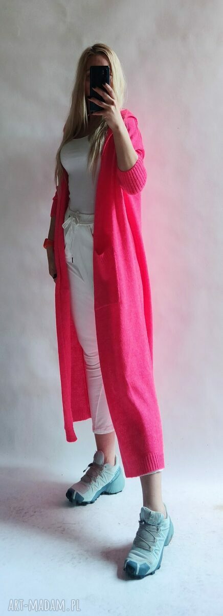 Kardigan - długi sweter z kieszeniami róż neon oversize (handmade)