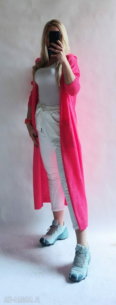 Kardigan - długi sweter z kieszeniami róż neon oversize (handmade)
