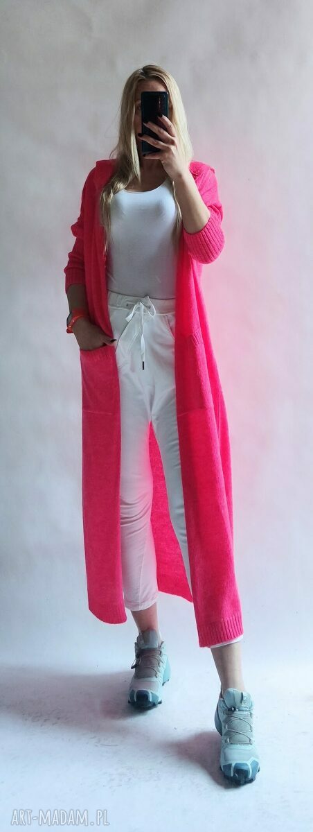 Kardigan - długi sweter z kieszeniami róż neon oversize (handmade)