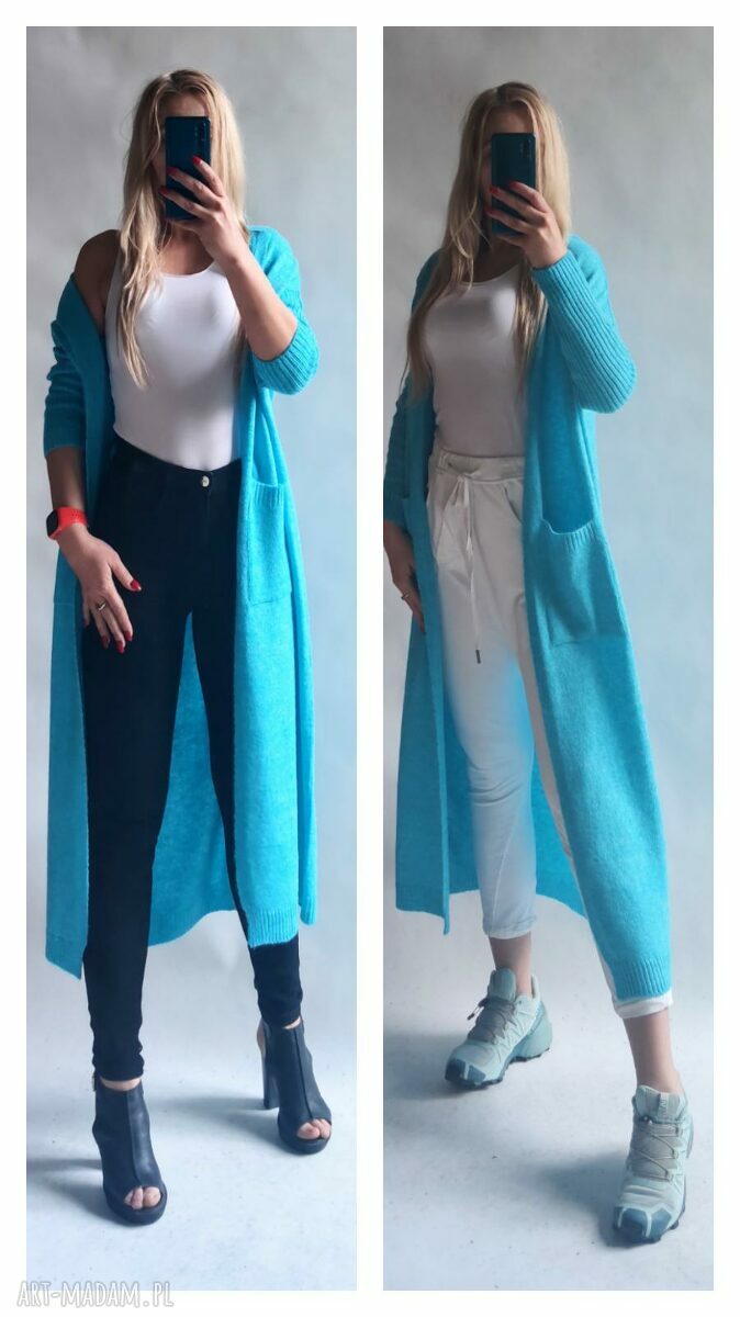 Turkusowy długi kardigan z kapturem i kieszeniami - handmade oversize