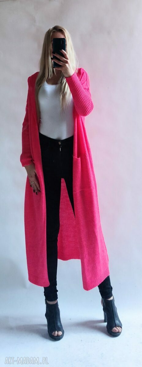 Kardigan - długi sweter z kieszeniami róż neon oversize (handmade)