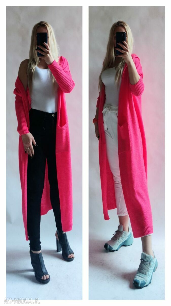 Kardigan - długi sweter z kieszeniami róż neon oversize handmade