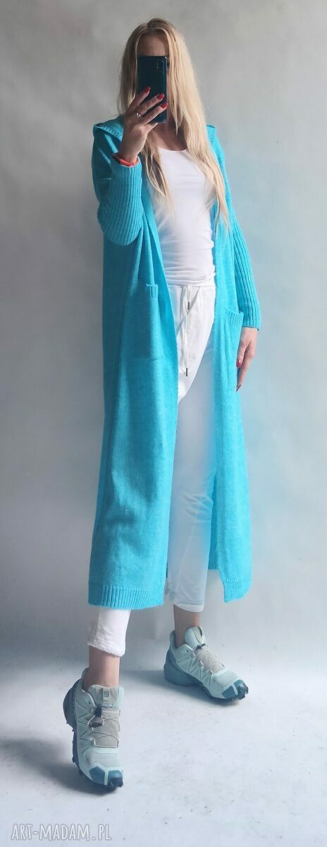 Turkusowy długi kardigan z kapturem i kieszeniami - handmade oversize