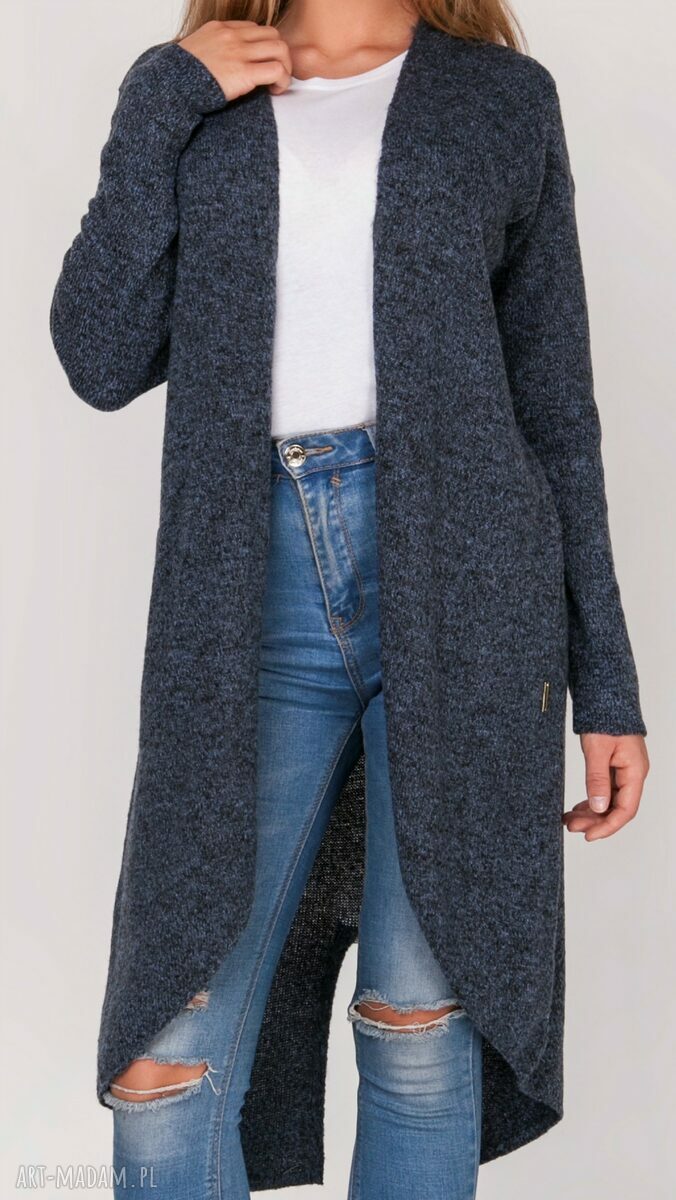 Długi kardigan frak rozpinany z kieszeniami - jeans melanż