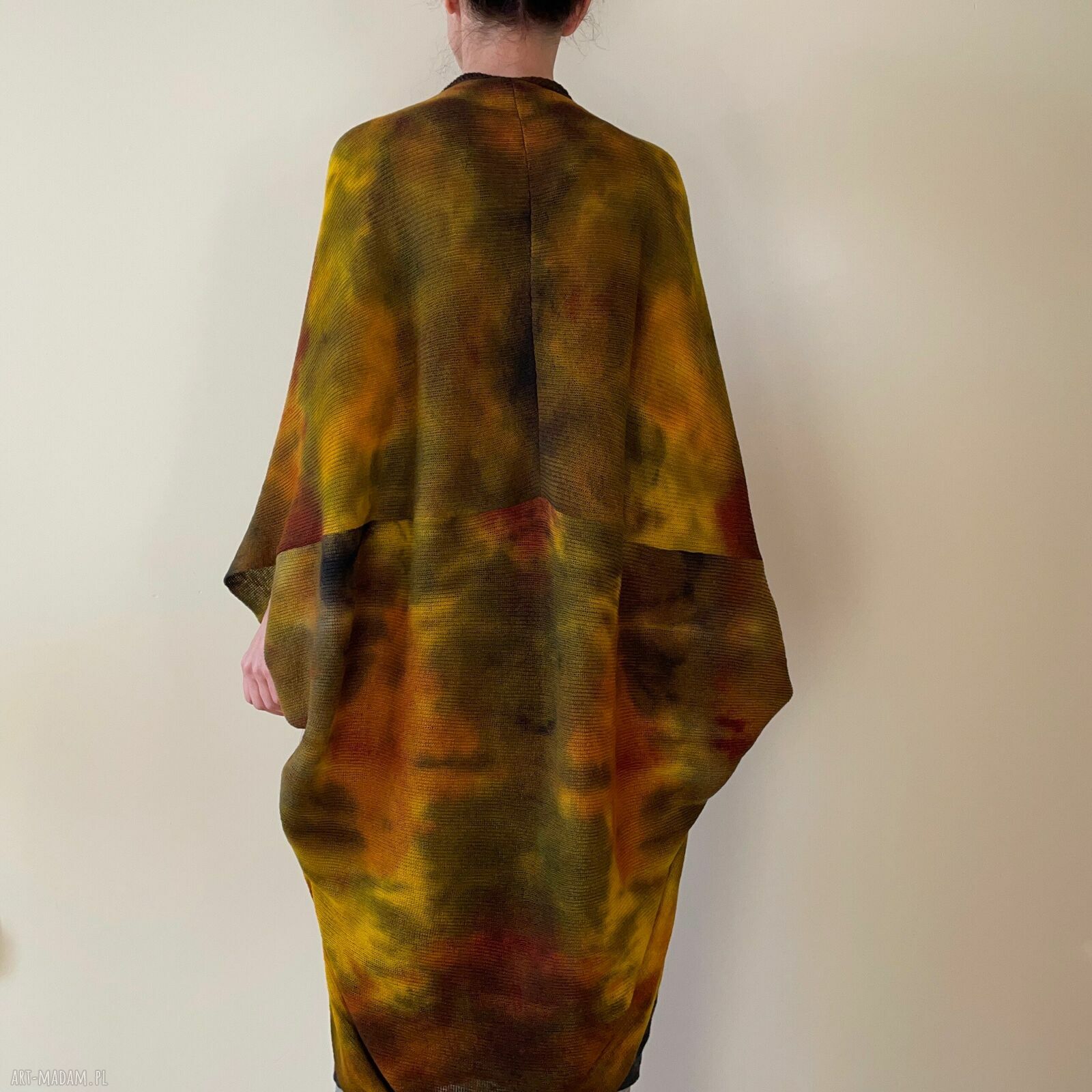 Kardigan „kokon” z wełny merino w brązach i żółtym - oversize