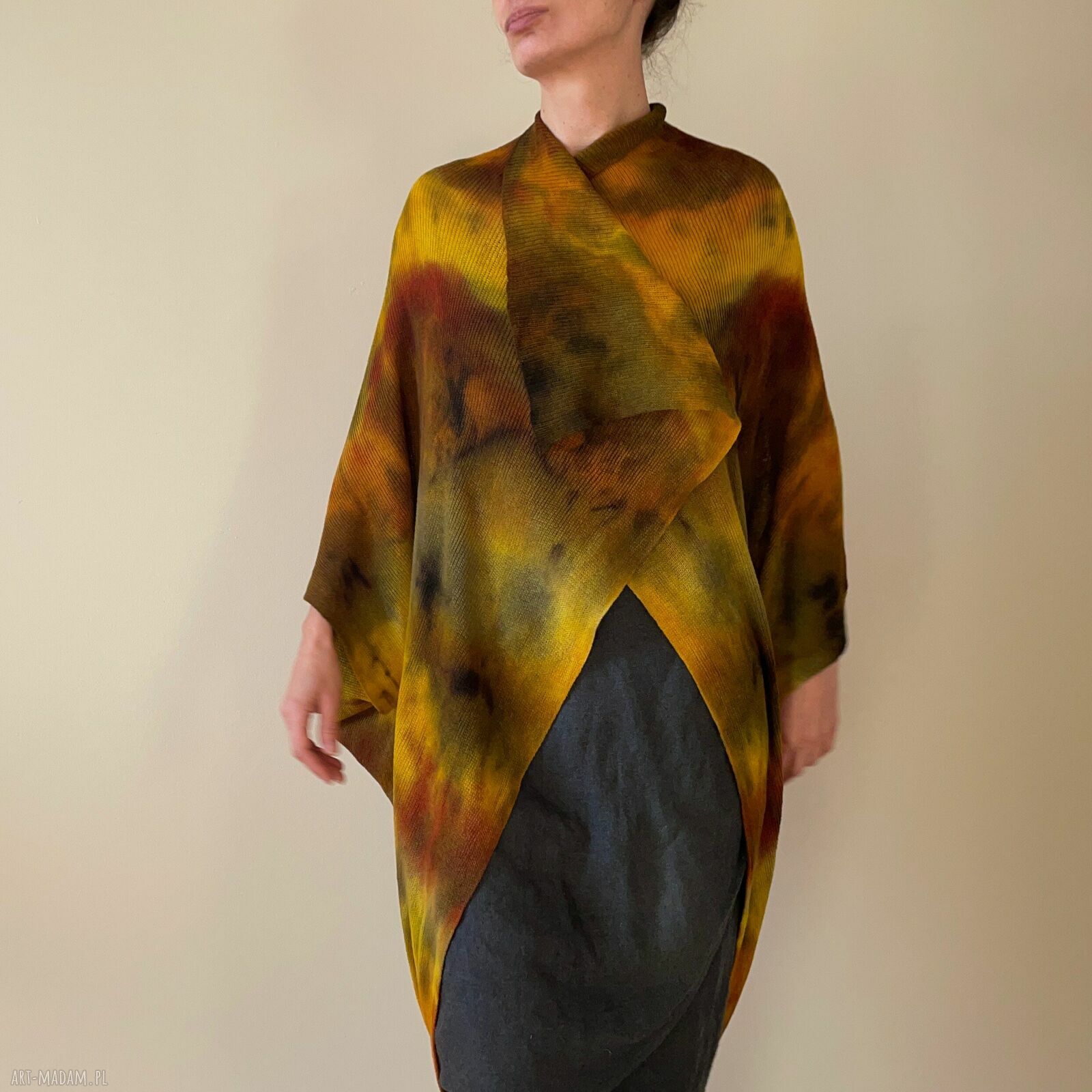 Kardigan „kokon” z wełny merino w brązach i żółtym - oversize