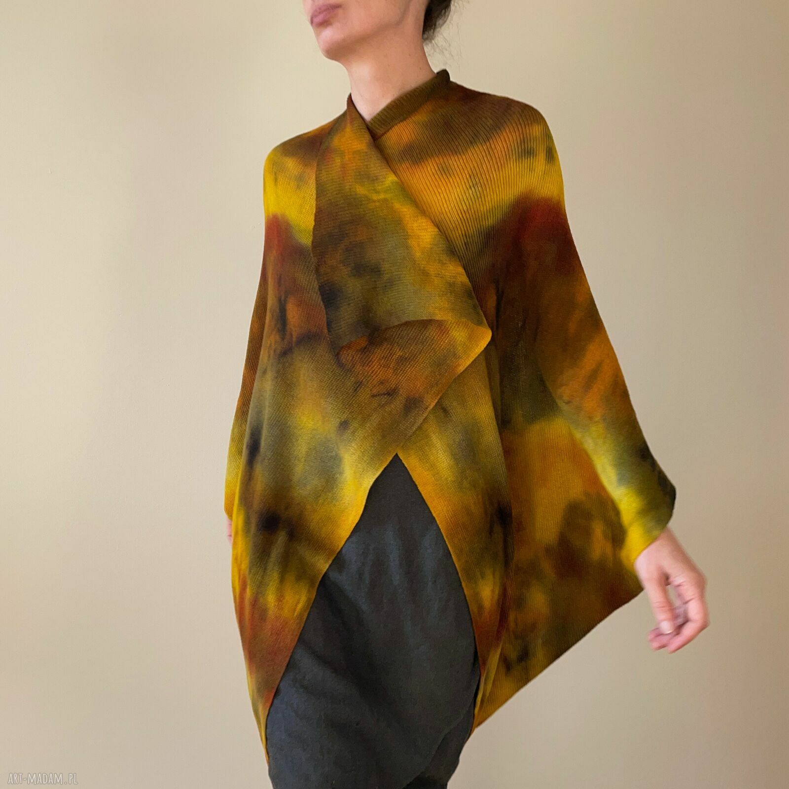 Kardigan „kokon” z wełny merino w brązach i żółtym - oversize