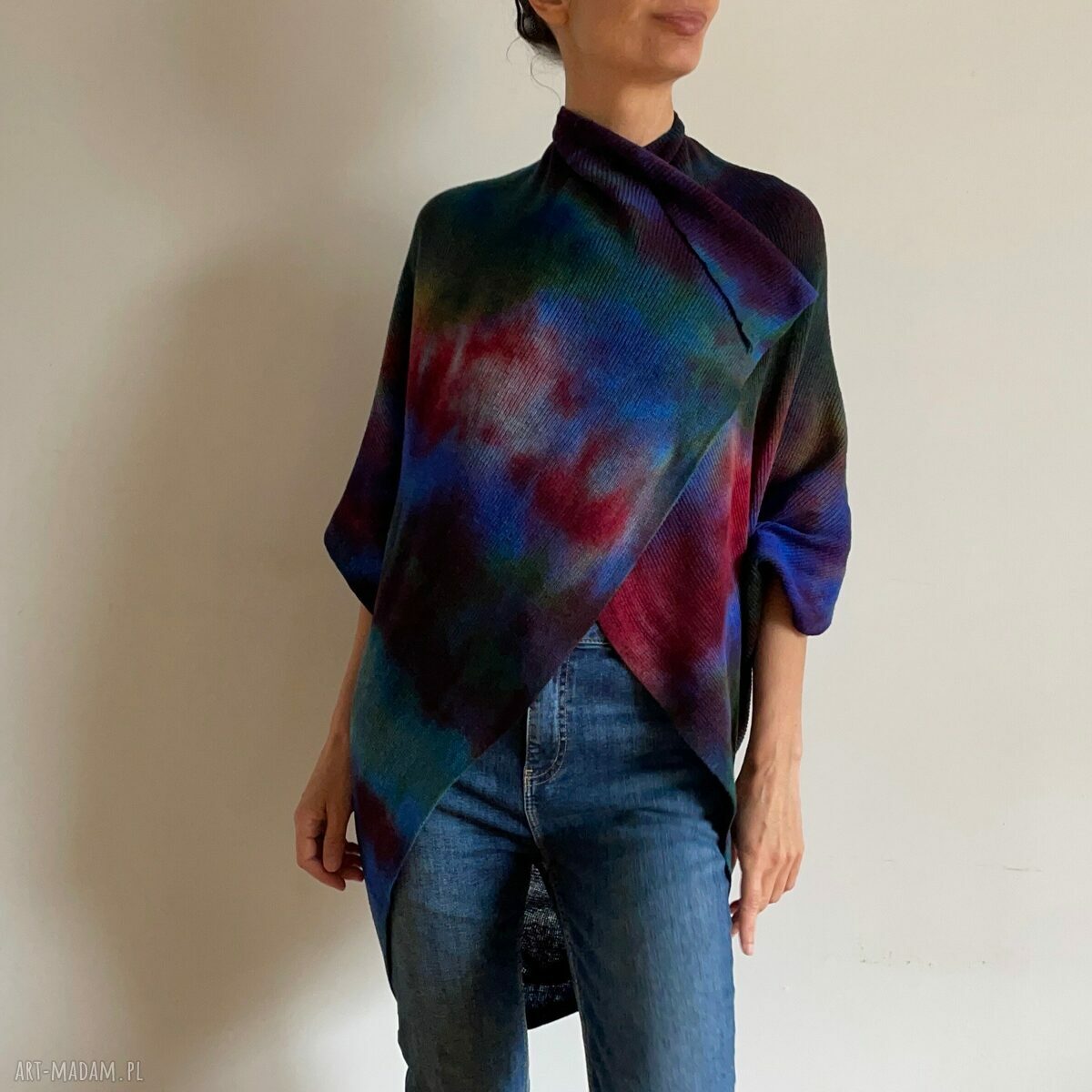 Kardigan „kokon” blue&wine z wełny merino - ręcznie barwiony, one size (S-M)