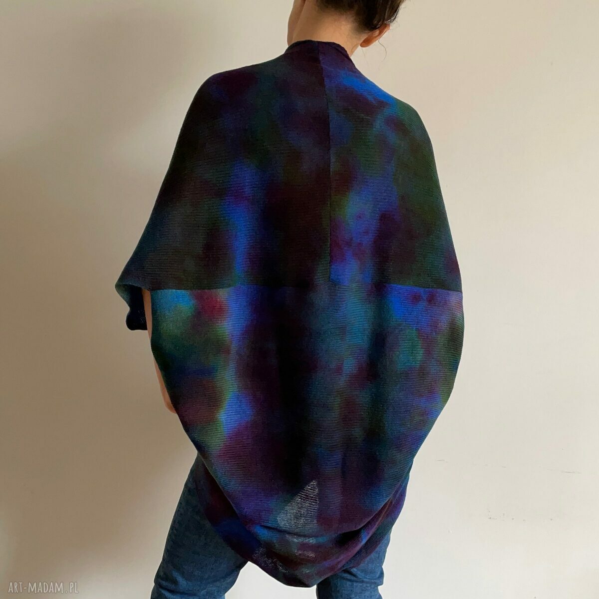 Kardigan „kokon” blue&wine z wełny merino - ręcznie barwiony, one size (S-M)