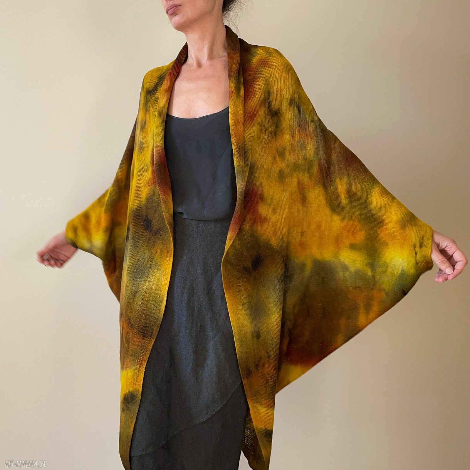Kardigan „kokon” z wełny merino w brązach i żółtym - oversize