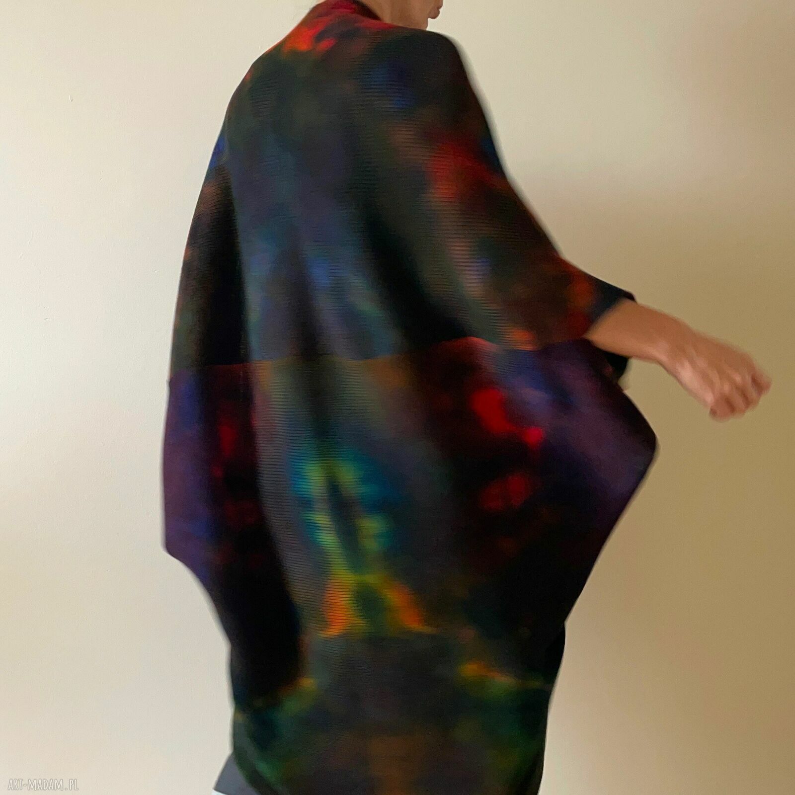 Kardigan "Kokon" z wełny merino - ciemny z kolorowymi akcentami (oversize)