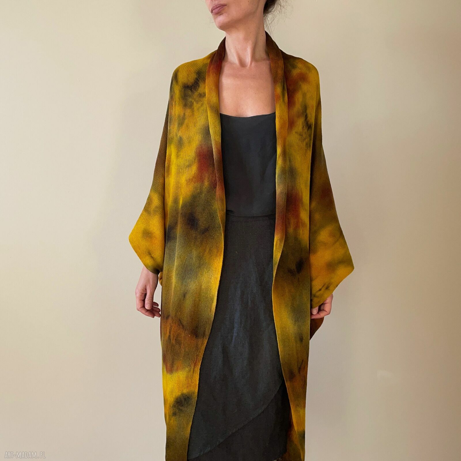 Kardigan „kokon” z wełny merino w brązach i żółtym - oversize