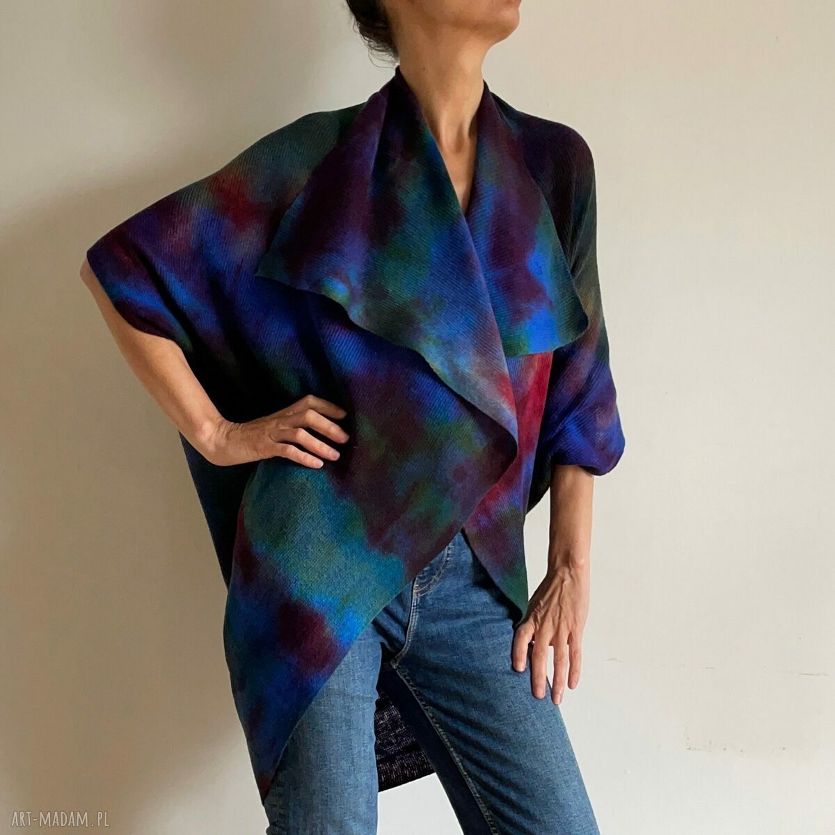 Kardigan „kokon” blue&wine z wełny merino - ręcznie barwiony, one size (S-M)