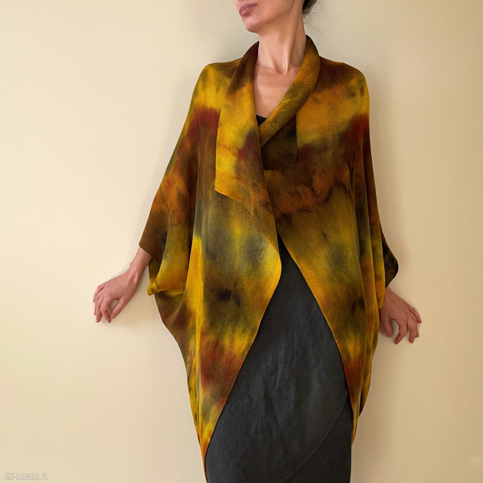 Kardigan „kokon” z wełny merino w brązach i żółtym - oversize