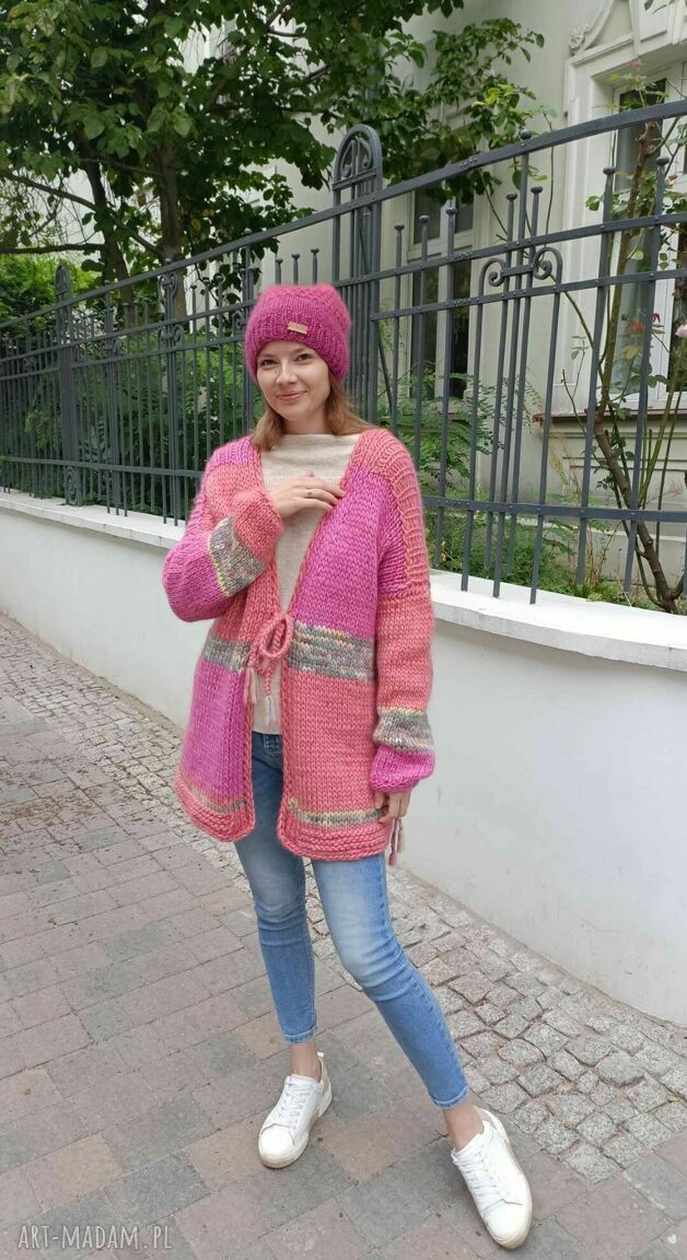 Sweter chunky kardigan wełniany kolorowy drutach gruby